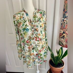 Zara Woman Watercolor Spring Garden Print Blouse Sz S